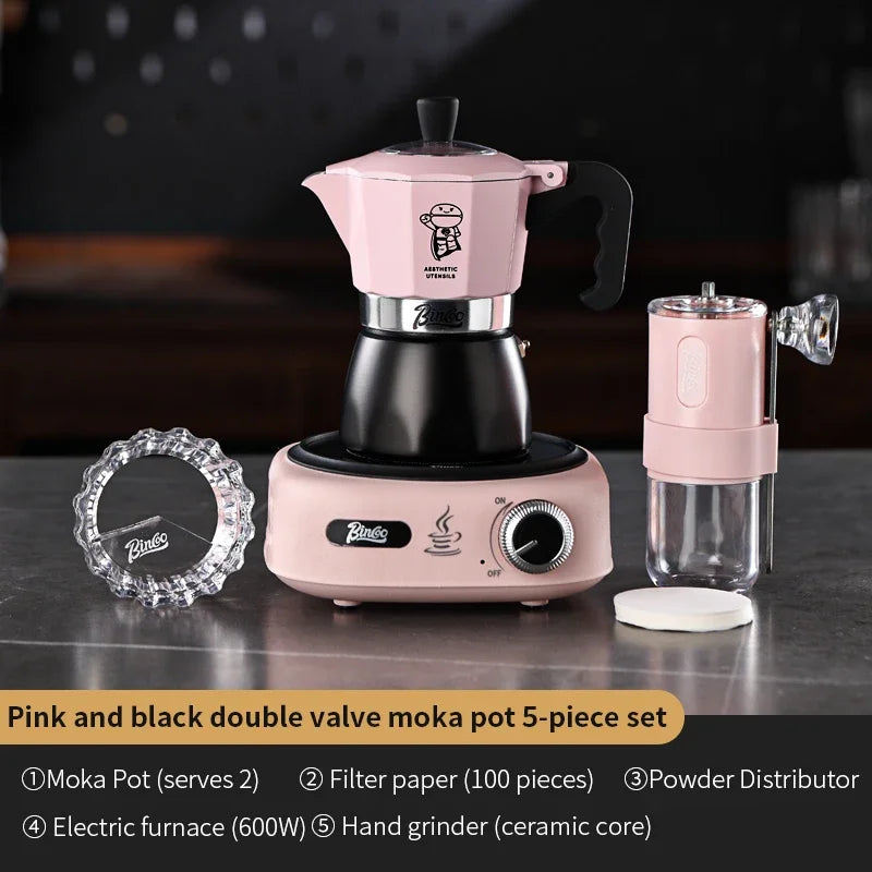 Two-Tone Dual Valve Moka Set – Just Coffee Pink/Black with Manual Grinder