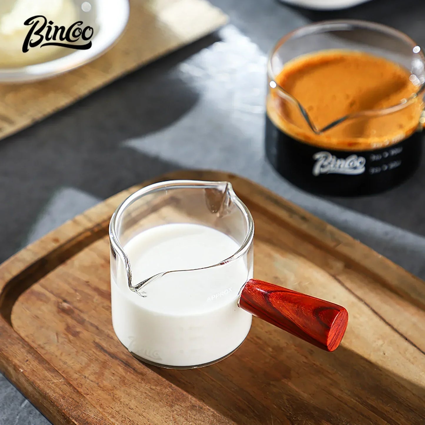 Glass Espresso Extraction Cup with Scale – Just Coffee Wooden Handle Edition