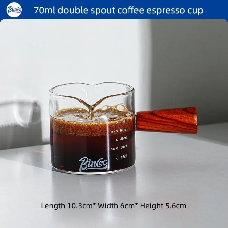 Glass Espresso Extraction Cup with Scale – Just Coffee Wooden Handle Edition
