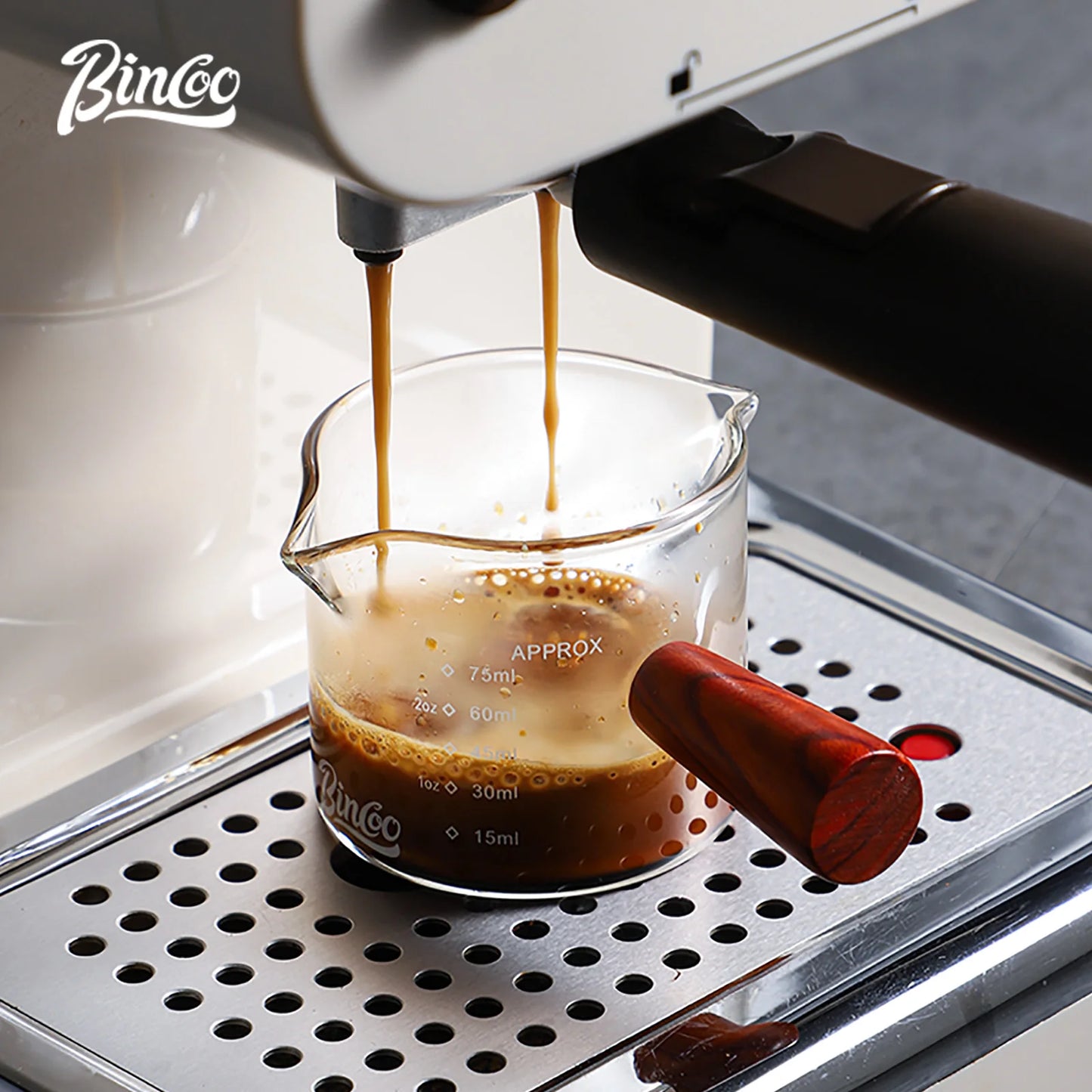 Glass Espresso Measuring Cup with Wood Handle – Just Coffee Barista Edition