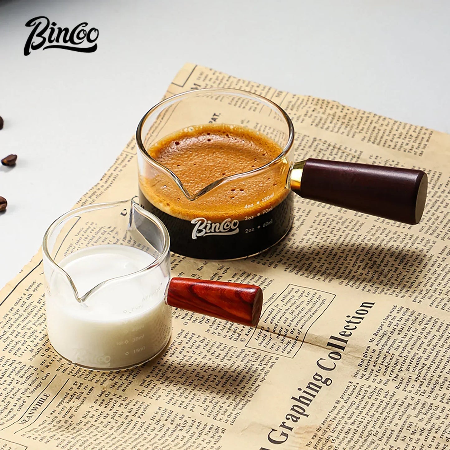 Glass Espresso Extraction Cup with Scale – Just Coffee Wooden Handle Edition