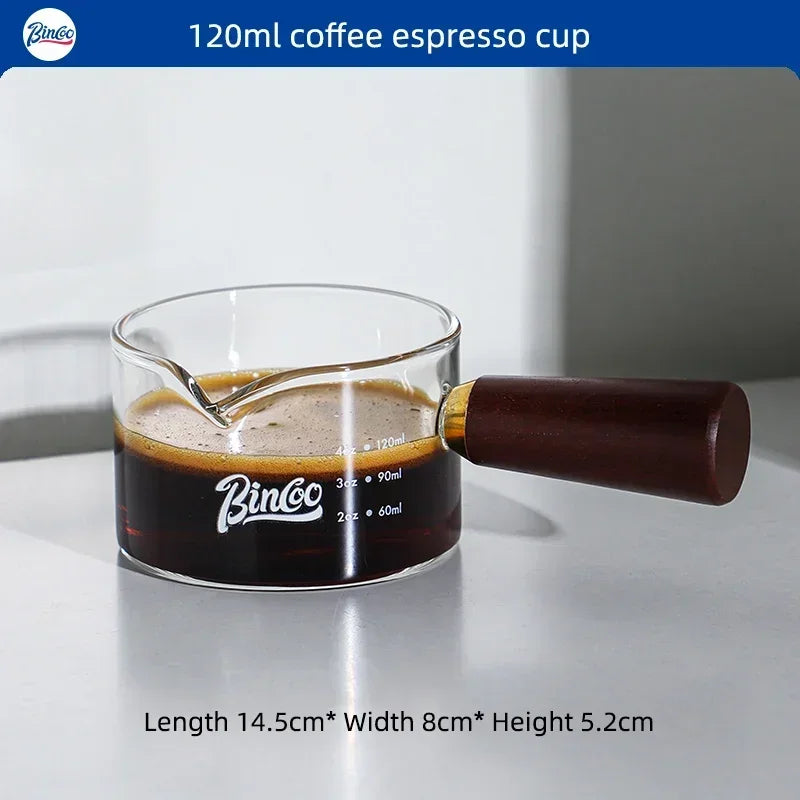 Glass Espresso Extraction Cup with Scale – Just Coffee Wooden Handle Edition