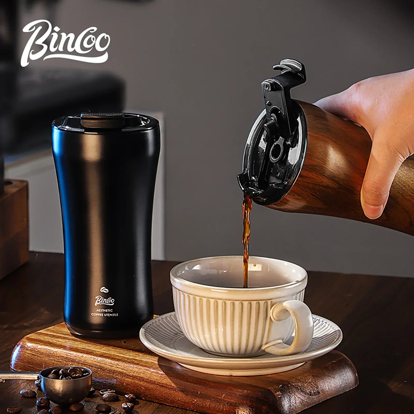 Wood Grain Coffee Tumbler – Just Coffee Ceramic Thermos Edition