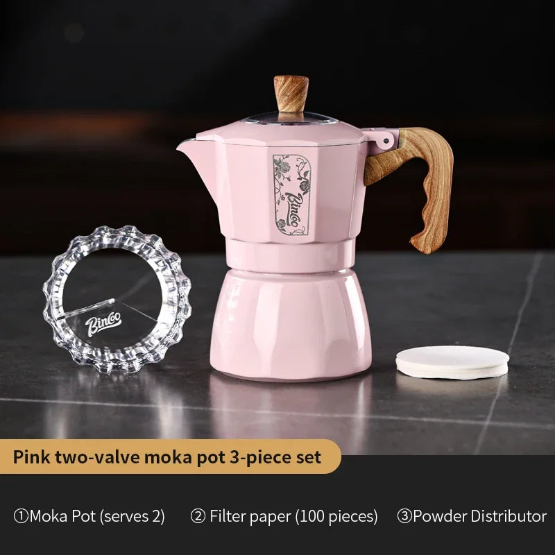 Two-Tone Dual Valve Moka Set – Just Coffee Pink/Black with Manual Grinder