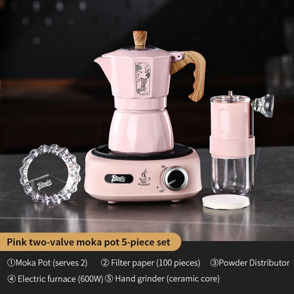 Two-Tone Dual Valve Moka Set – Just Coffee Pink/Black with Manual Grinder