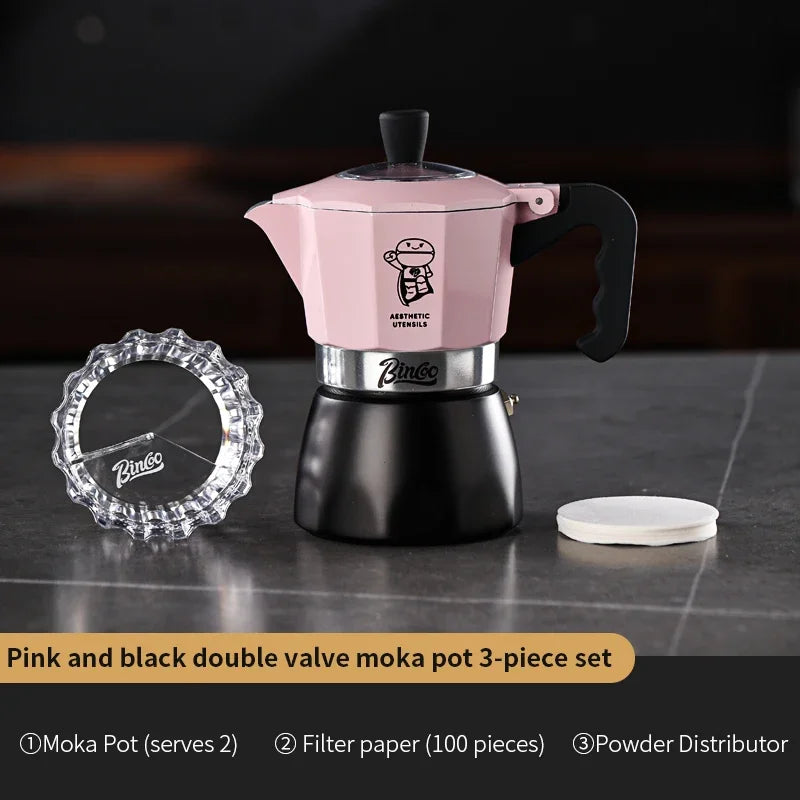 Two-Tone Dual Valve Moka Set – Just Coffee Pink/Black with Manual Grinder