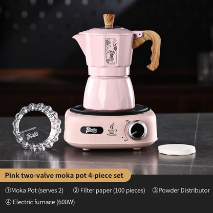 Two-Tone Dual Valve Moka Set – Just Coffee Pink/Black with Manual Grinder