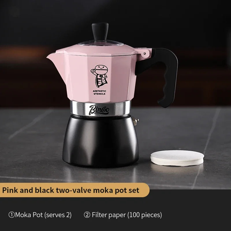 Two-Tone Dual Valve Moka Set – Just Coffee Pink/Black with Manual Grinder