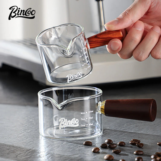 Glass Espresso Measuring Cup with Wood Handle – Just Coffee Barista Edition