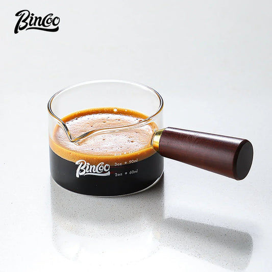 Glass Espresso Extraction Cup with Scale – Just Coffee Wooden Handle Edition