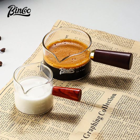 Glass Espresso Extraction Cup with Scale – Just Coffee Wooden Handle Edition
