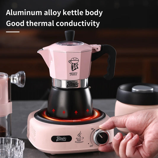Two-Tone Dual Valve Moka Set – Just Coffee Pink/Black with Manual Grinder