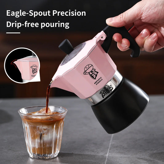 Two-Tone Dual Valve Moka Set – Just Coffee Pink/Black with Manual Grinder