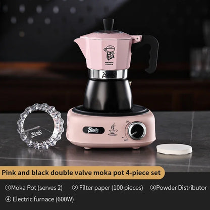 Two-Tone Dual Valve Moka Set – Just Coffee Pink/Black with Manual Grinder