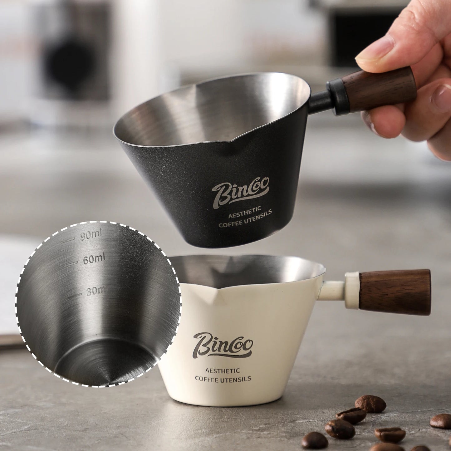 90ml Dual Spout Espresso Measuring Cup – Just Coffee Stainless Steel Edition