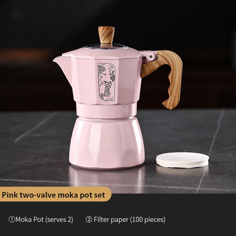 Two-Tone Dual Valve Moka Set – Just Coffee Pink/Black with Manual Grinder